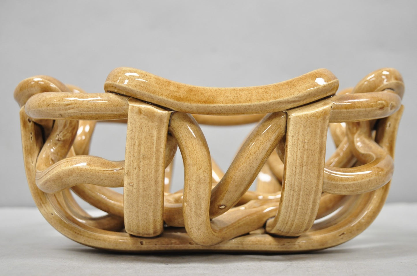 Vintage Modernist Brown Woven Pottery Clay Creations Ceramic Fruit Bowl Basket