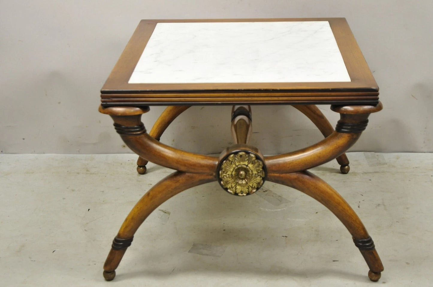 Vintage Italian Neoclassical Low Marble Top Curule X-Frame Accent Side Table