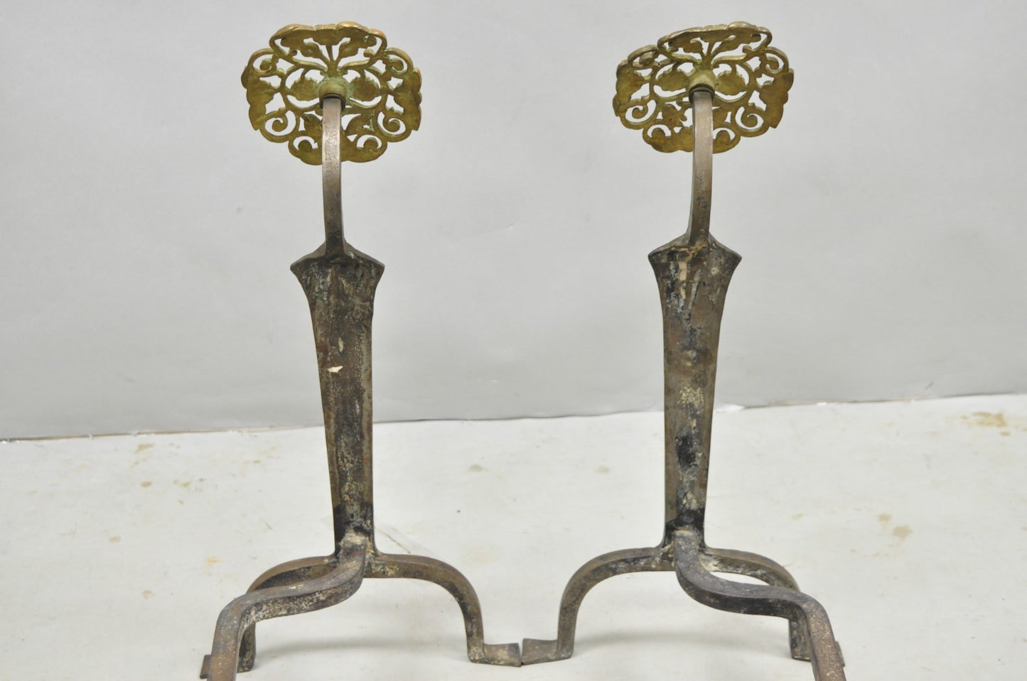 Antique French Art Nouveau Hand Hammered Wrought Iron & Bronze Andirons - a Pair