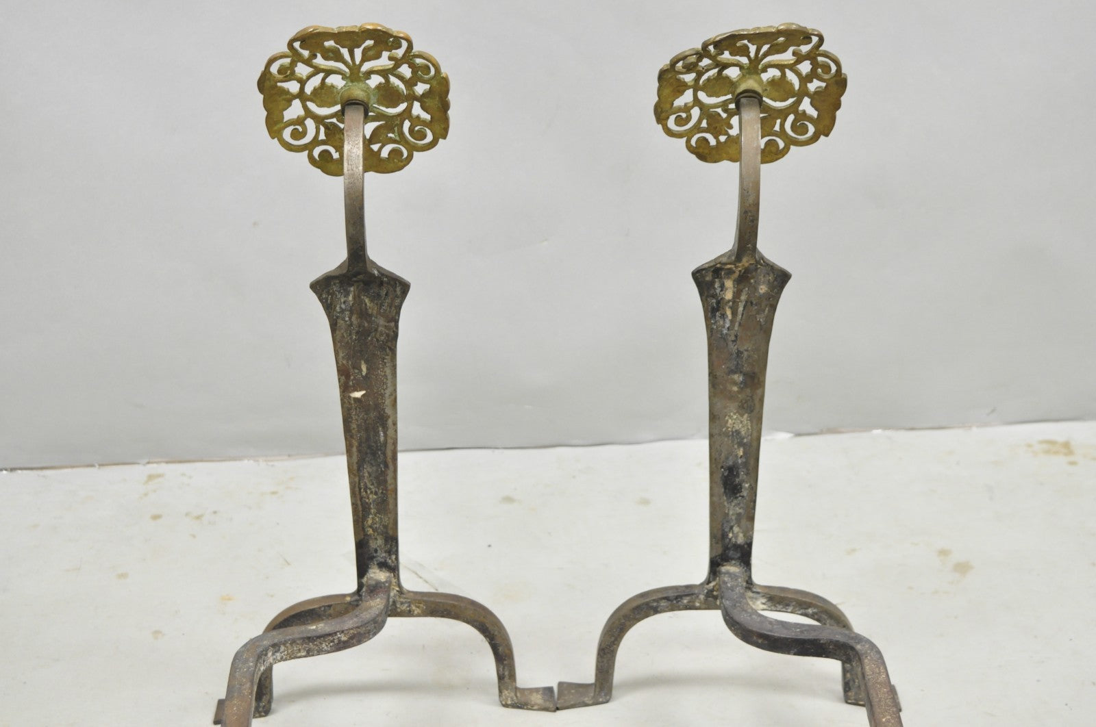 Antique French Art Nouveau Hand Hammered Wrought Iron & Bronze Andirons - a Pair
