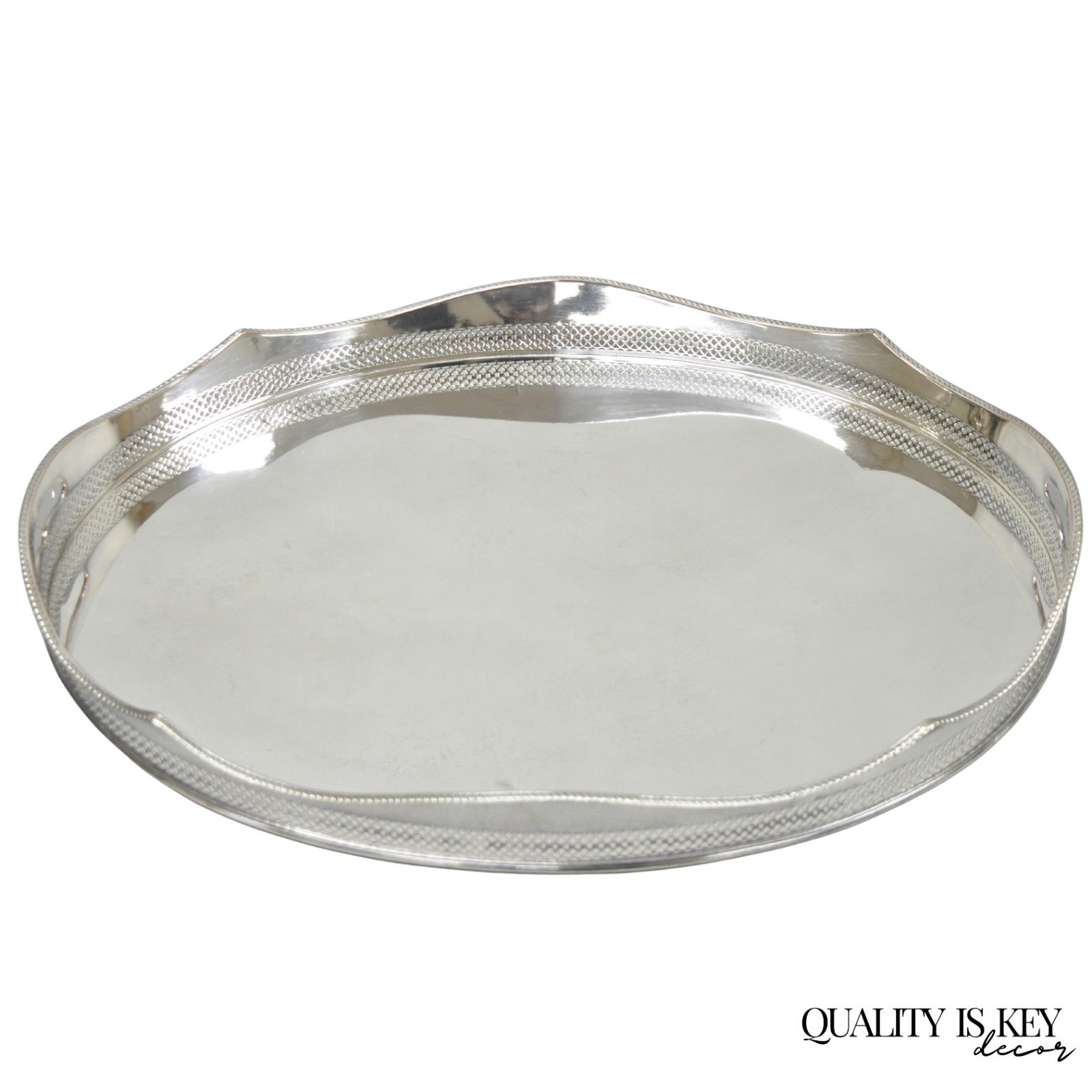 Antique English Edwardian Silver Plated Scalloped Oval Butlers Serving Bar Tray