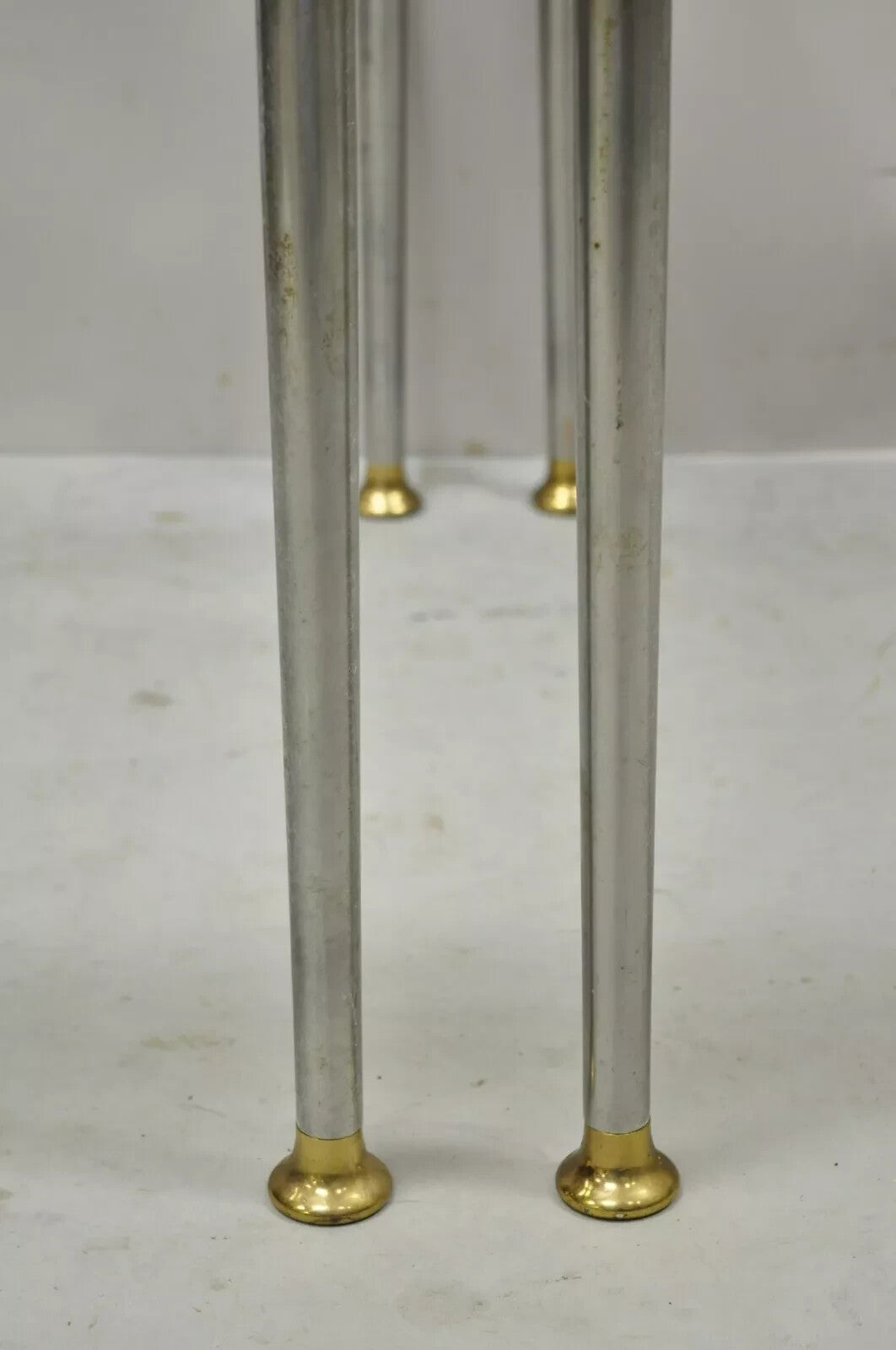 Italian Directoire Maison Jansen Style Brushed Steel & Brass End Tables - a Pair