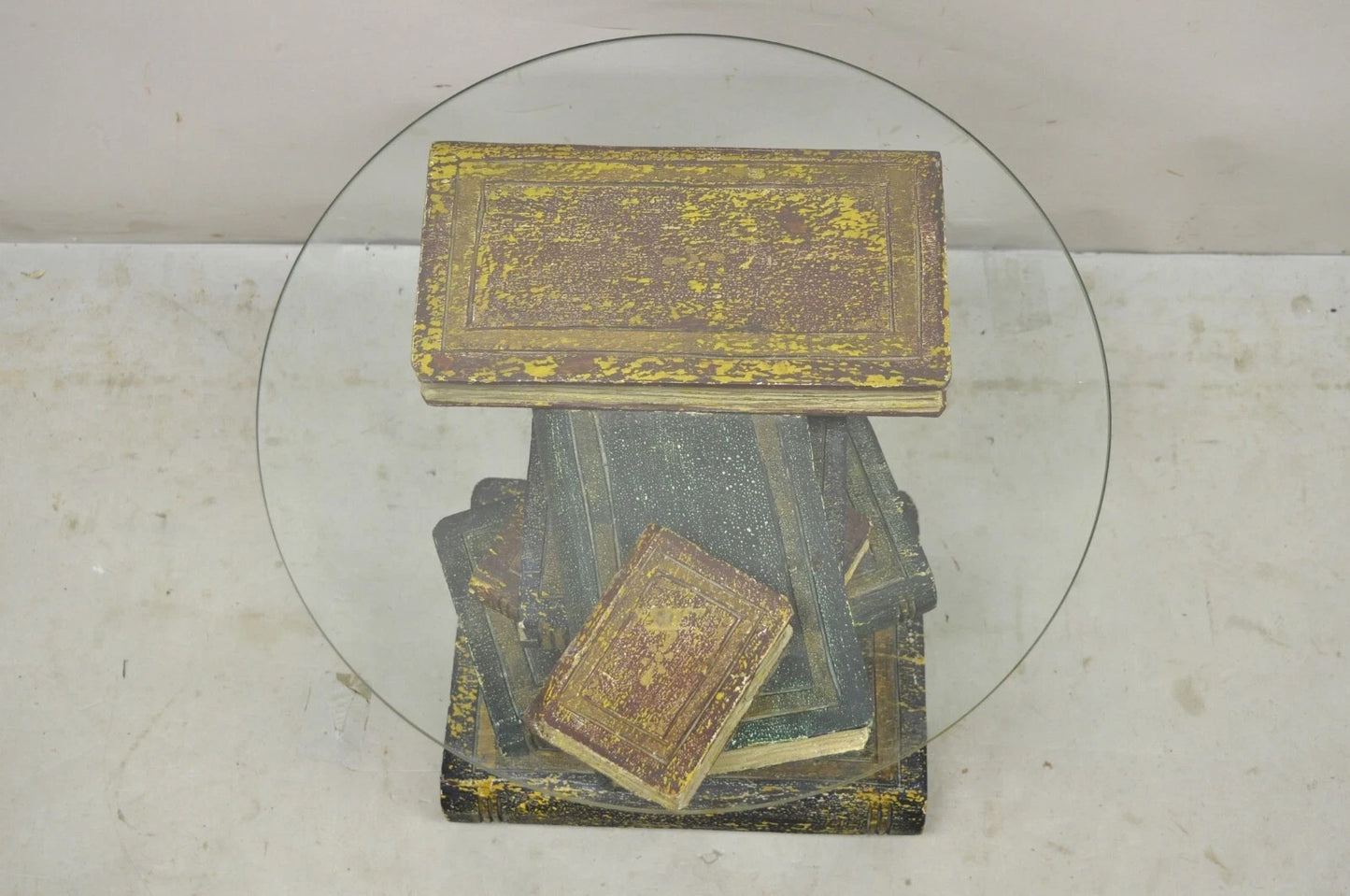 Vintage Regency Style Figural Faux Stacked Book Form Round Glass Top Side Table