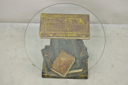 Vintage Regency Style Figural Faux Stacked Book Form Round Glass Top Side Table