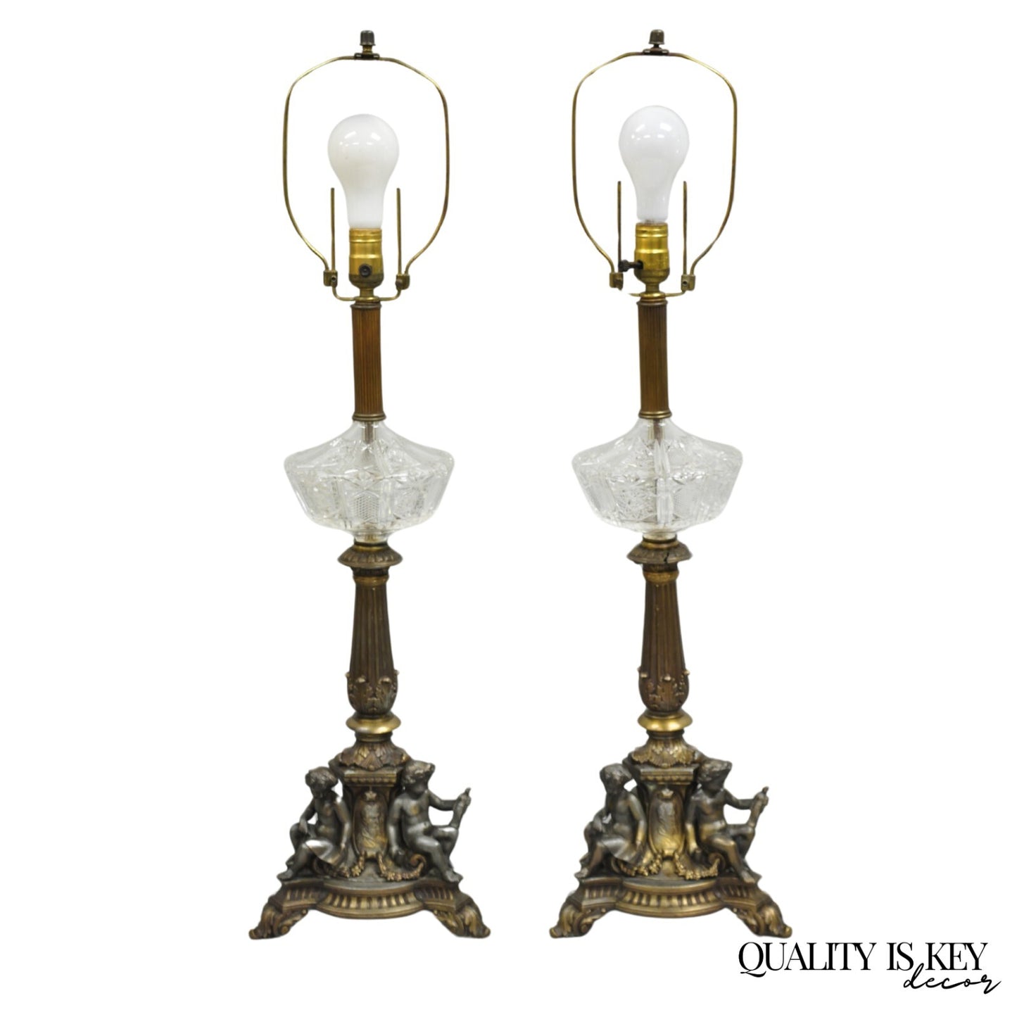 Antique French Empire Renaissance Gilt Metal  & Glass Cherub Table Lamps a Pair