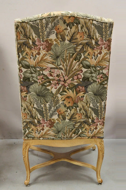 French Country Provincial Louis XV Style Upholstered Wingback Lounge Chairs Pair