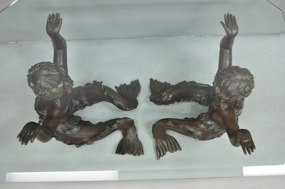 Vintage French Neoclassical Figural Bronze Merman Mermaid Glass Top Coffee Table