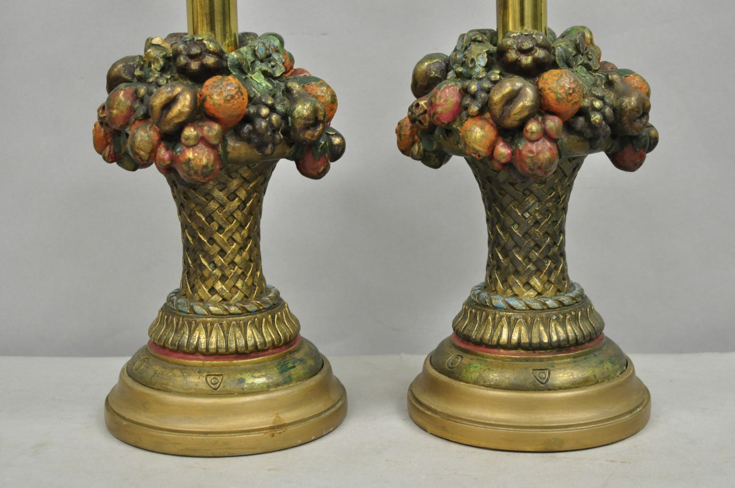 Armor Bronze Co Victorian Flower Fruit Basket Bouquet Small Table Lamps - a Pair