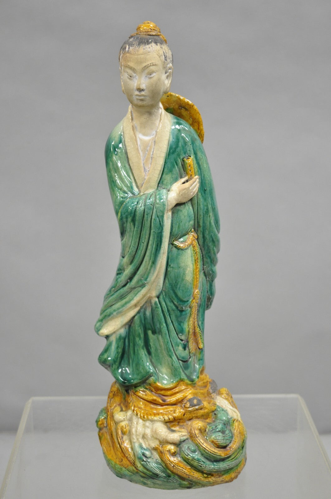 Antique Chinese Green Sancai Glazed Pottery 21" Guanyin Sculpture Figure