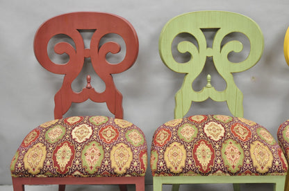 Contemporary Regency Style Red Green Yellow Scroll Back Dining Chairs - Set of 8