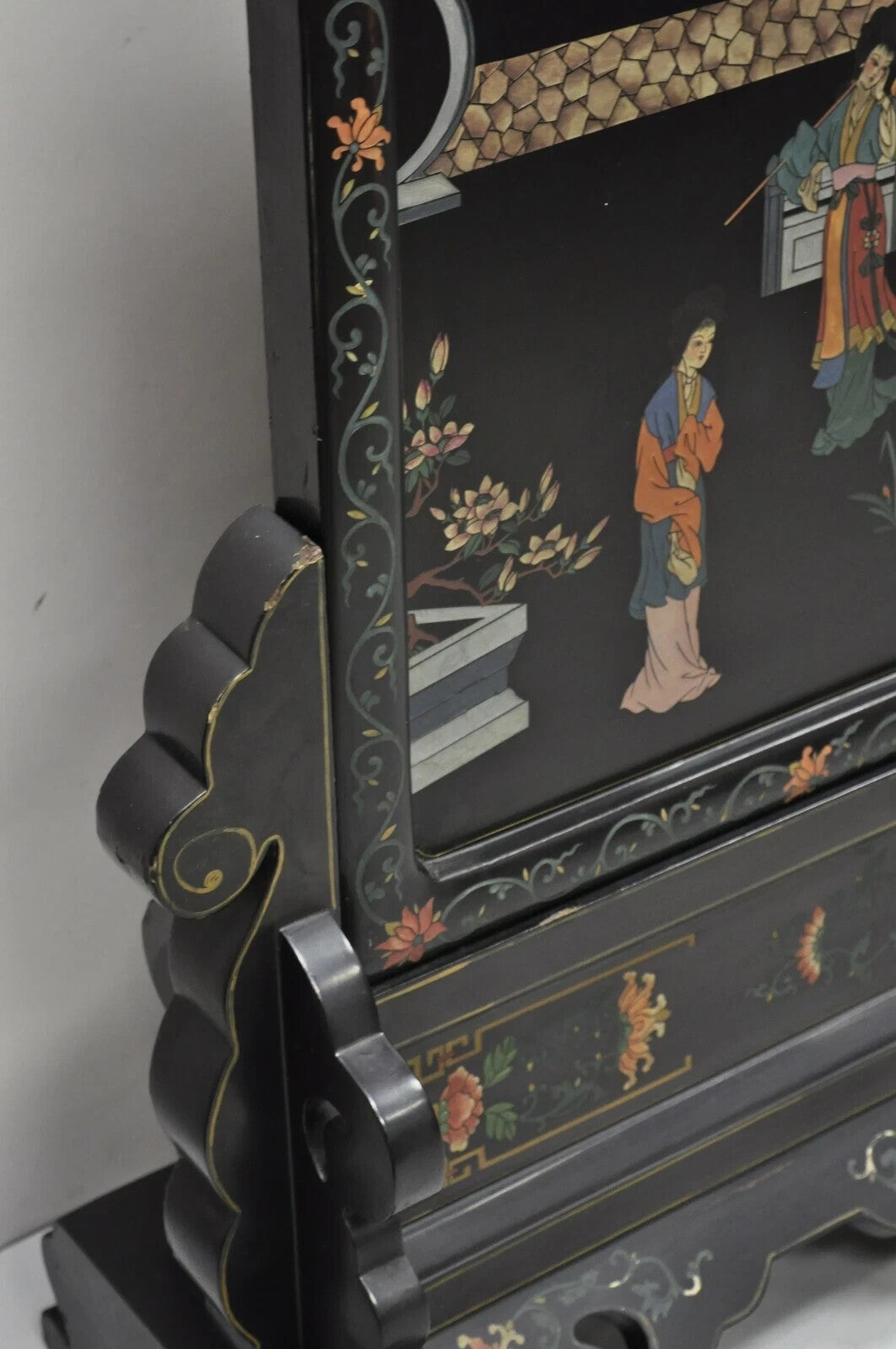 Vintage Chinese Black Lacquer Oriental Fireplace Screen Fire Screen Divider