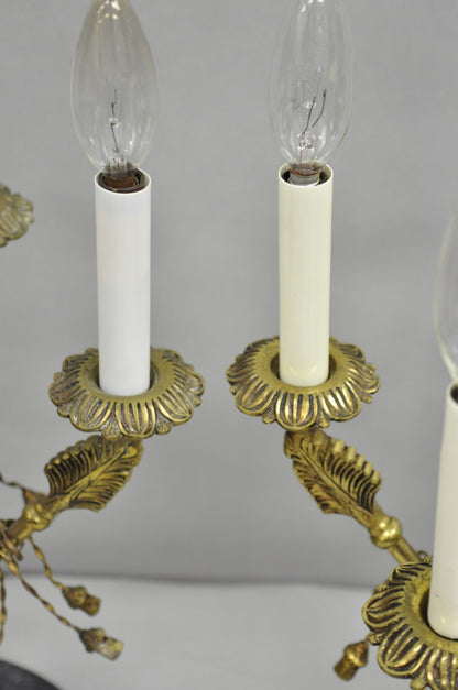 Vintage French Neoclassical Brass "Arrow" Marble Candelabra Table Lamps - a Pair