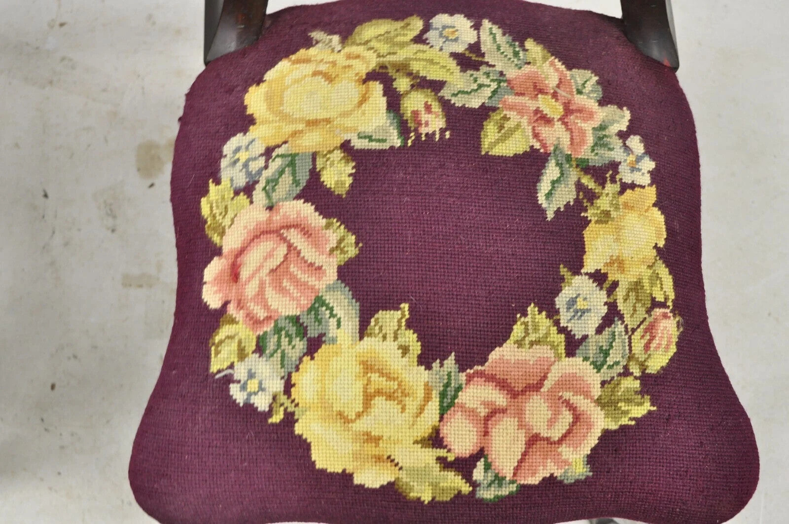 Antique Eastlake Victorian Carved Mahogany Needlepoint Parlor Side Chairs - Pair