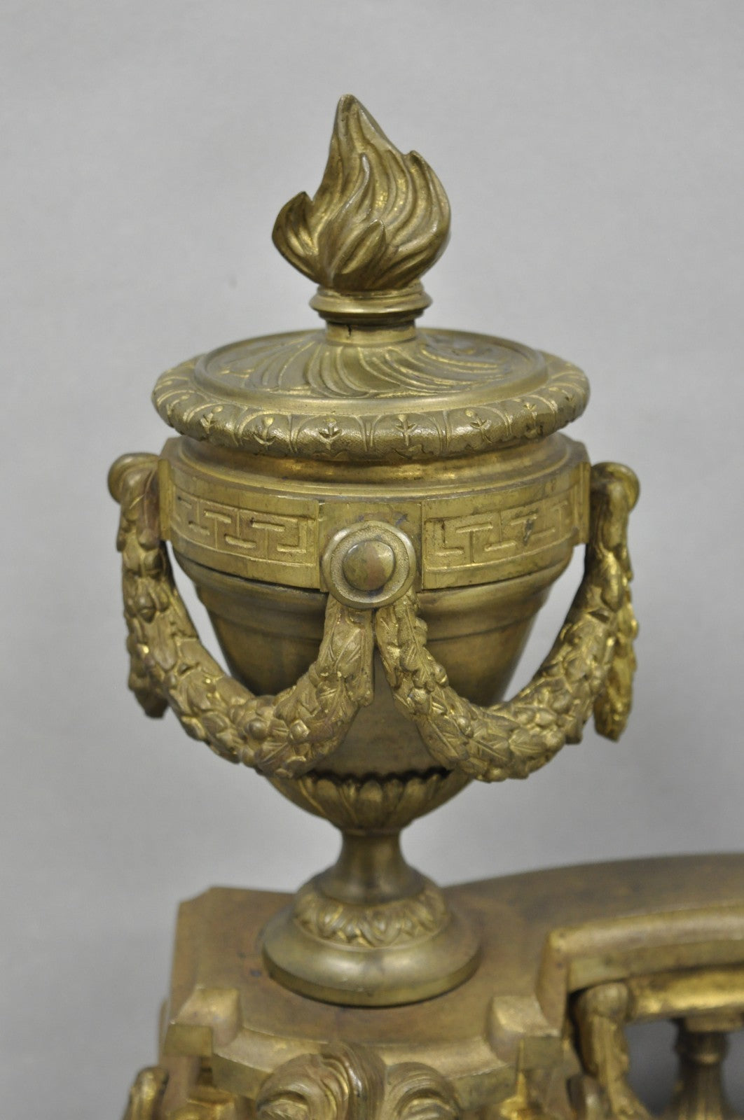 Antique French Empire Patinated Bronze Lion Flame Urn Chenet Andirons - a Pair