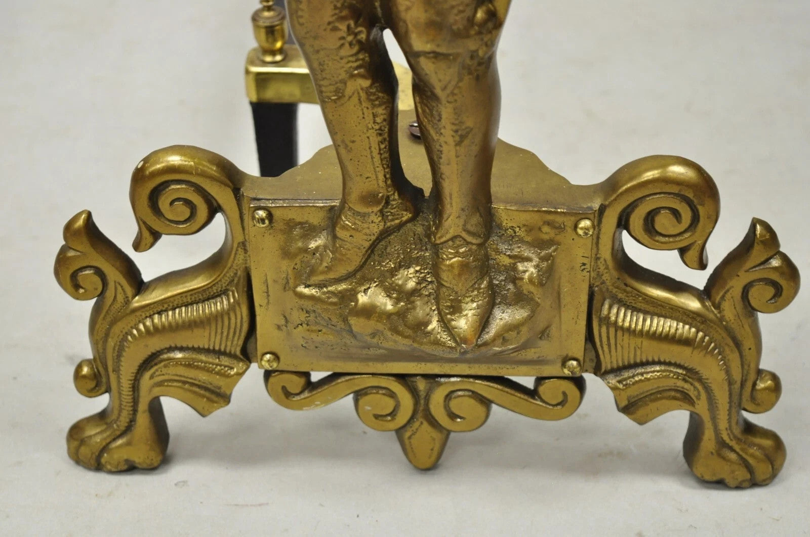 Vintage Renaissance Brass Figural Soldier Warrior Fireplace Andirons - a Pair