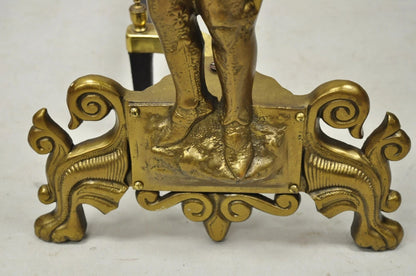 Vintage Renaissance Brass Figural Soldier Warrior Fireplace Andirons - a Pair