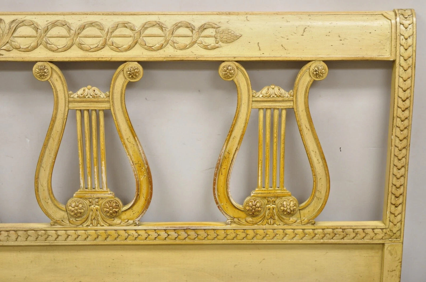 Vintage Italian Neoclassical Carved Lyre Harp Wooden King Size Bed Headboard