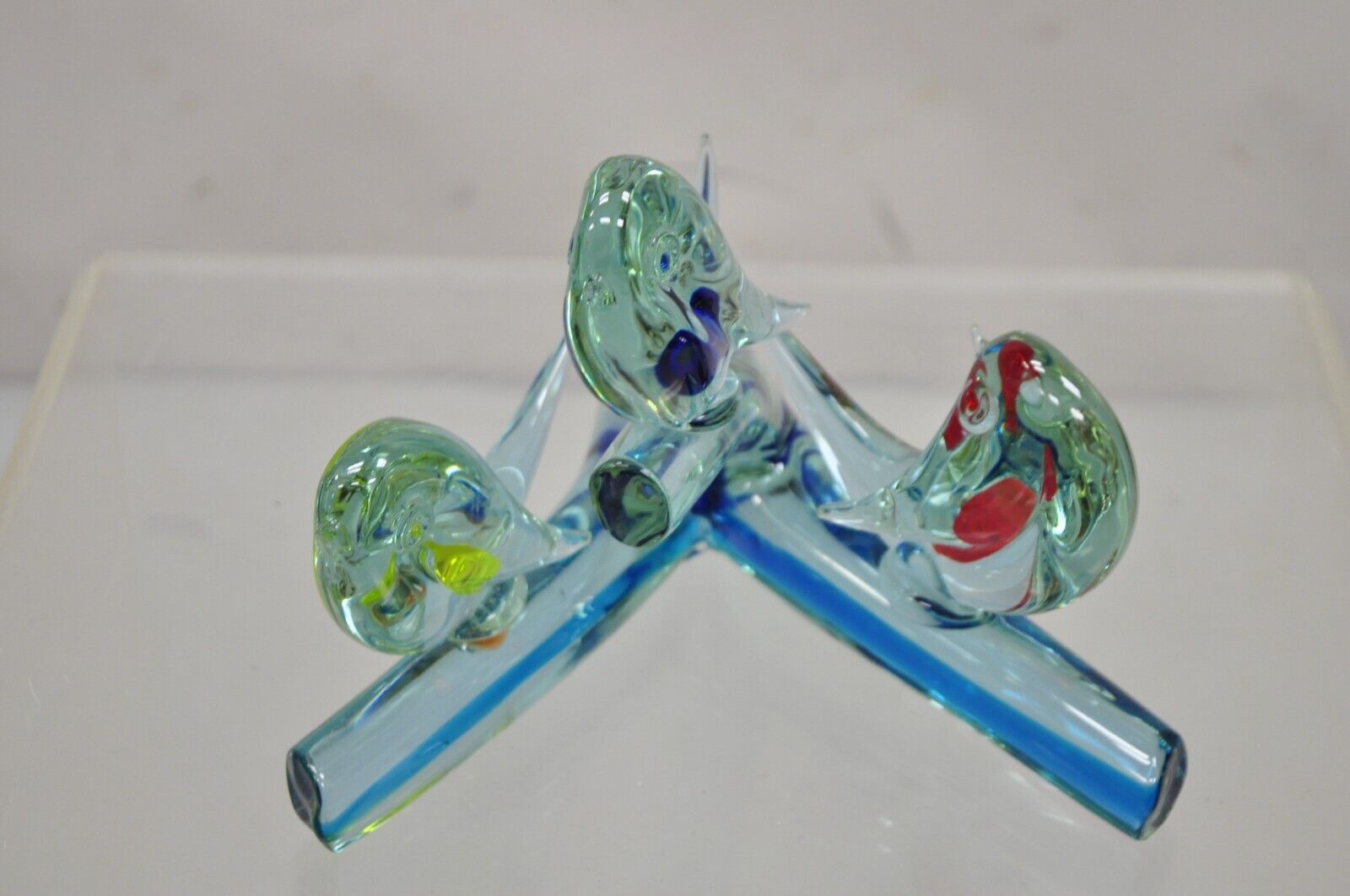 Vintage Murano Italy Art Glass Modernism 3 Birds Perched on Branch Sculpture