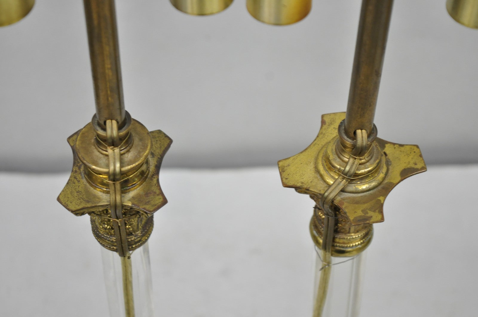 Antique Brass Corinthian Column Crystal Glass Candlestick Small Table Lamps Pair