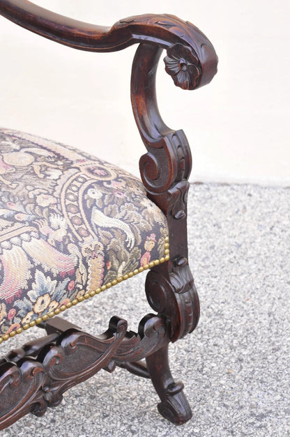 Antique Italian Renaissance Baroque Tapestry Carved Walnut Throne Arm Chair