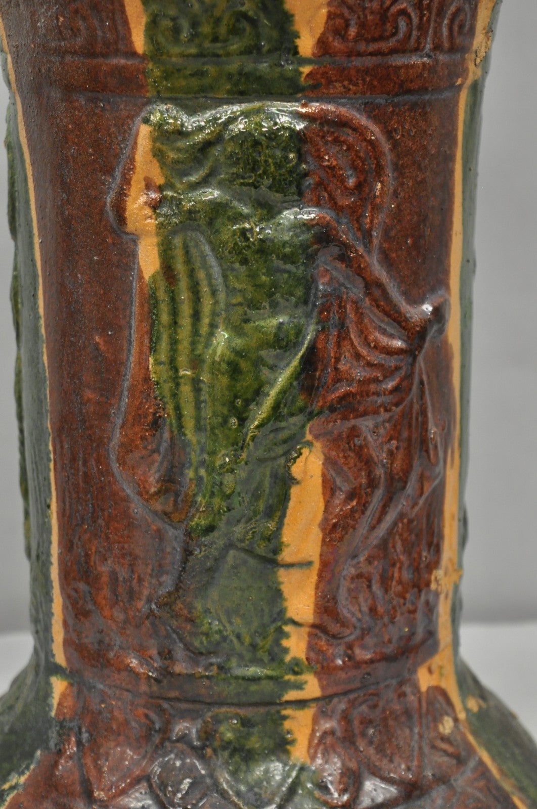 Antique Majolica Terracotta Red Green Drip Glaze Figural Plant Stand Pedestal