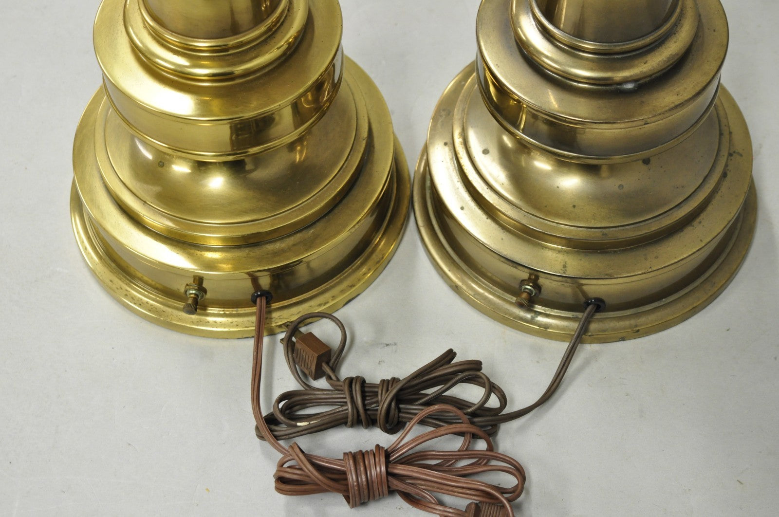 Vintage Stiffel Neoclassical Brass Cannonball Column Table Lamps - a Pair