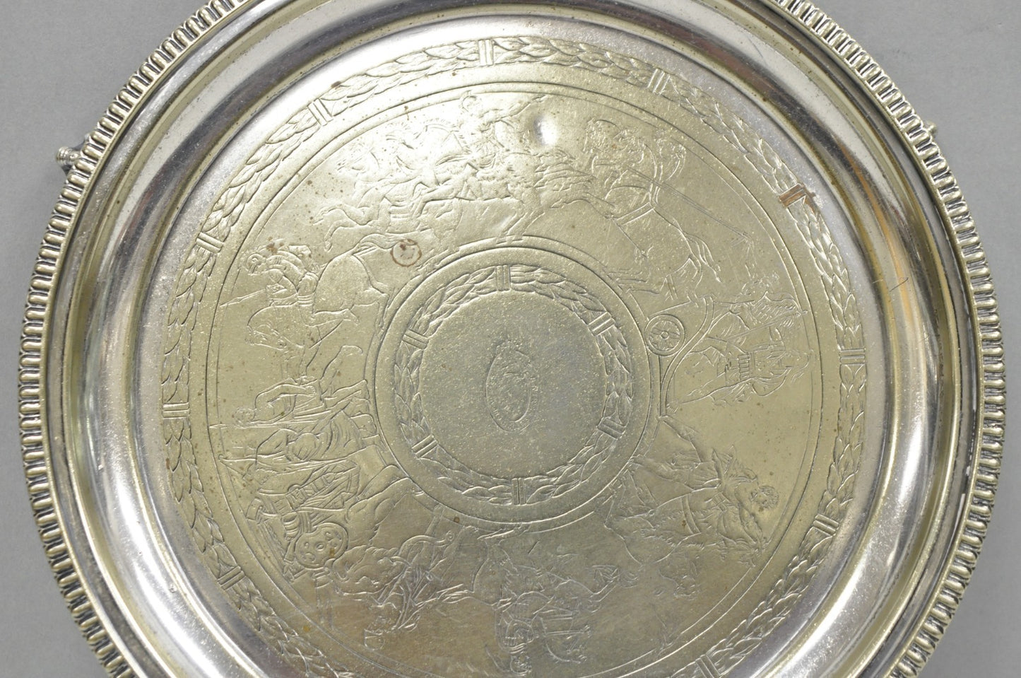 Antique Roberts & Belk Greek Classical Silver Plated 8" Footed Salver Tray Dish