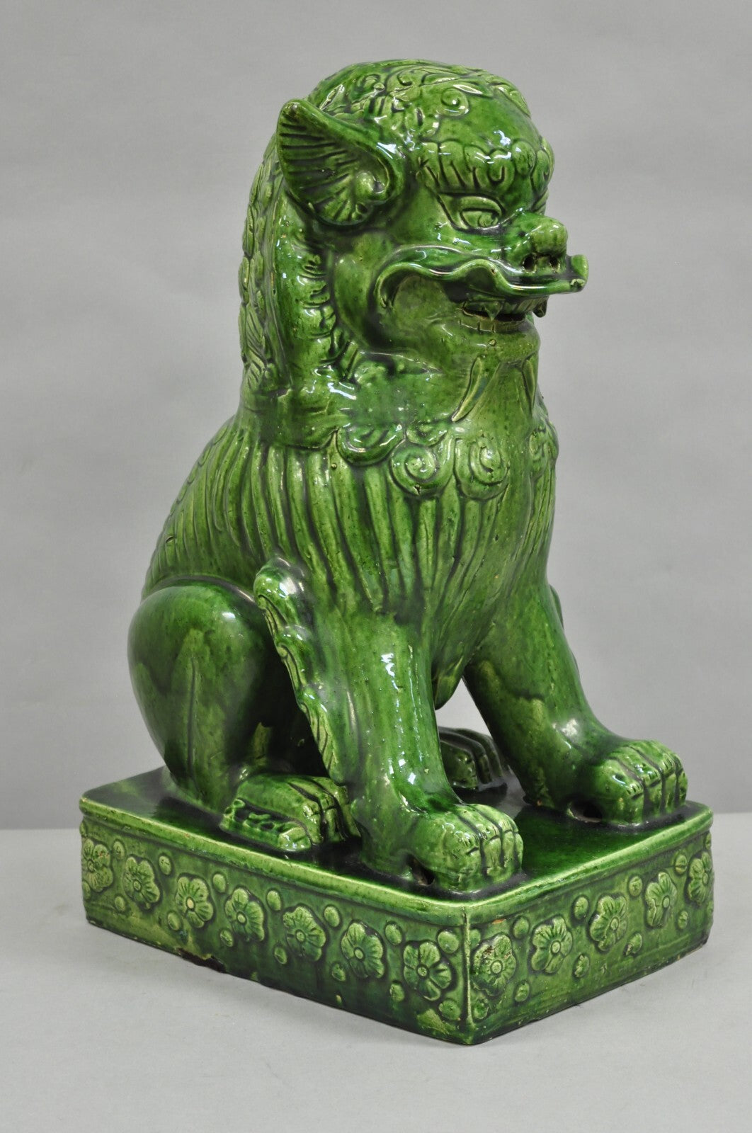 Vintage Chinoiserie Green Majolica Glazed Ceramic 24" Chinese Foo Dog Statue