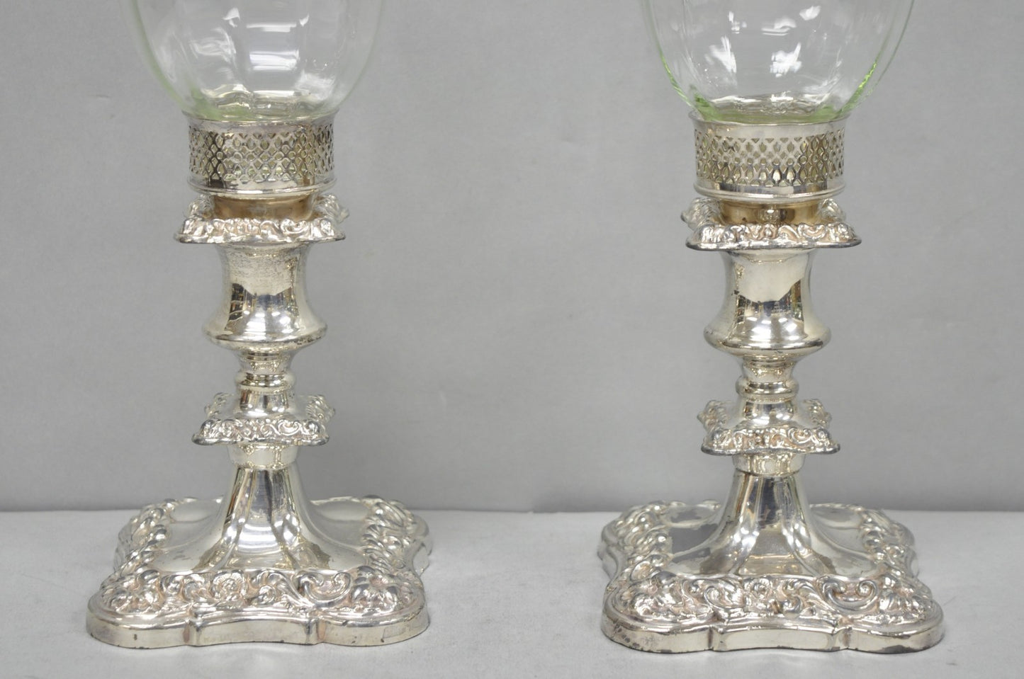Antique Victorian Silver Plated Glass Hurricane Lamp Shade Candlestick - Pair