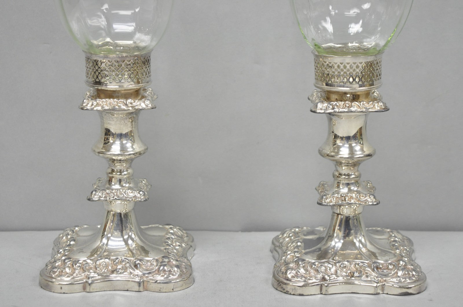 Antique Victorian Silver Plated Glass Hurricane Lamp Shade Candlestick - Pair