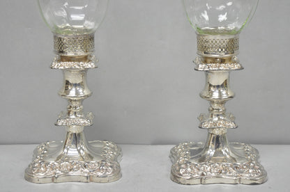 Antique Victorian Silver Plated Glass Hurricane Lamp Shade Candlestick - Pair