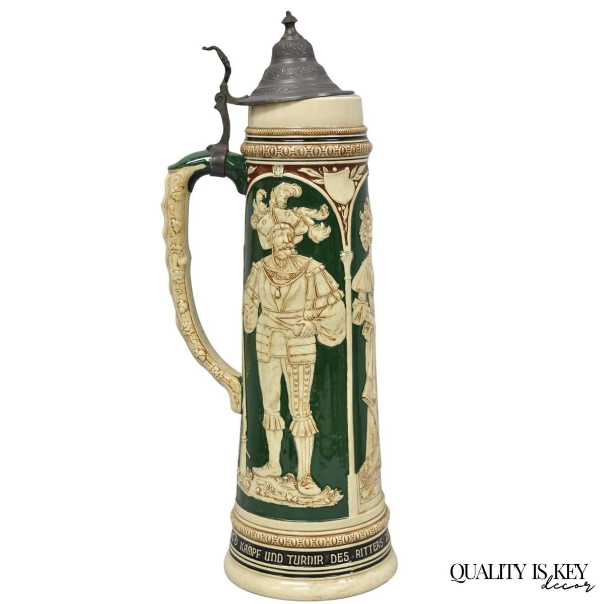 Antique German XL 20" Tall Figural Green Stoneware Beer Stein Tankard Mug w/ Lid