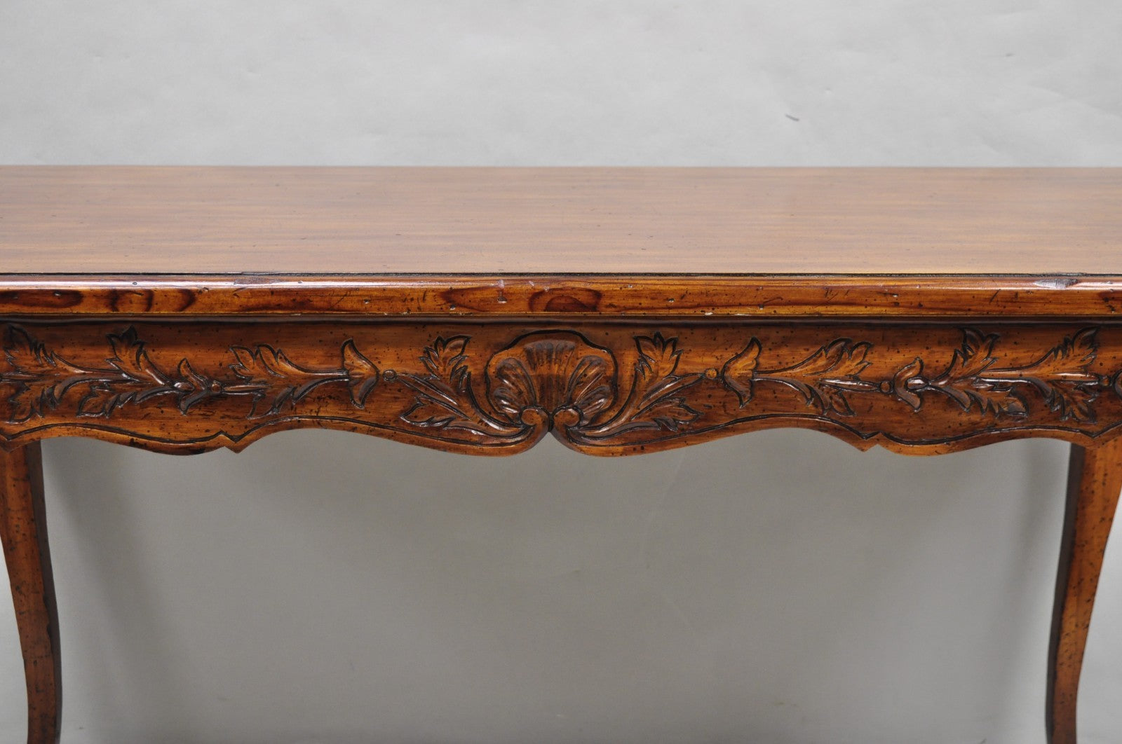 Vintage French Country Pine Wood Distress Floral Carved 1 Drawer Writing Desk