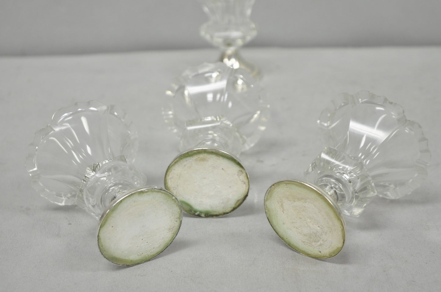 Antique English Victorian Crystal Glass & Silver Sweetmeat Candy Nut Dish, Set 6
