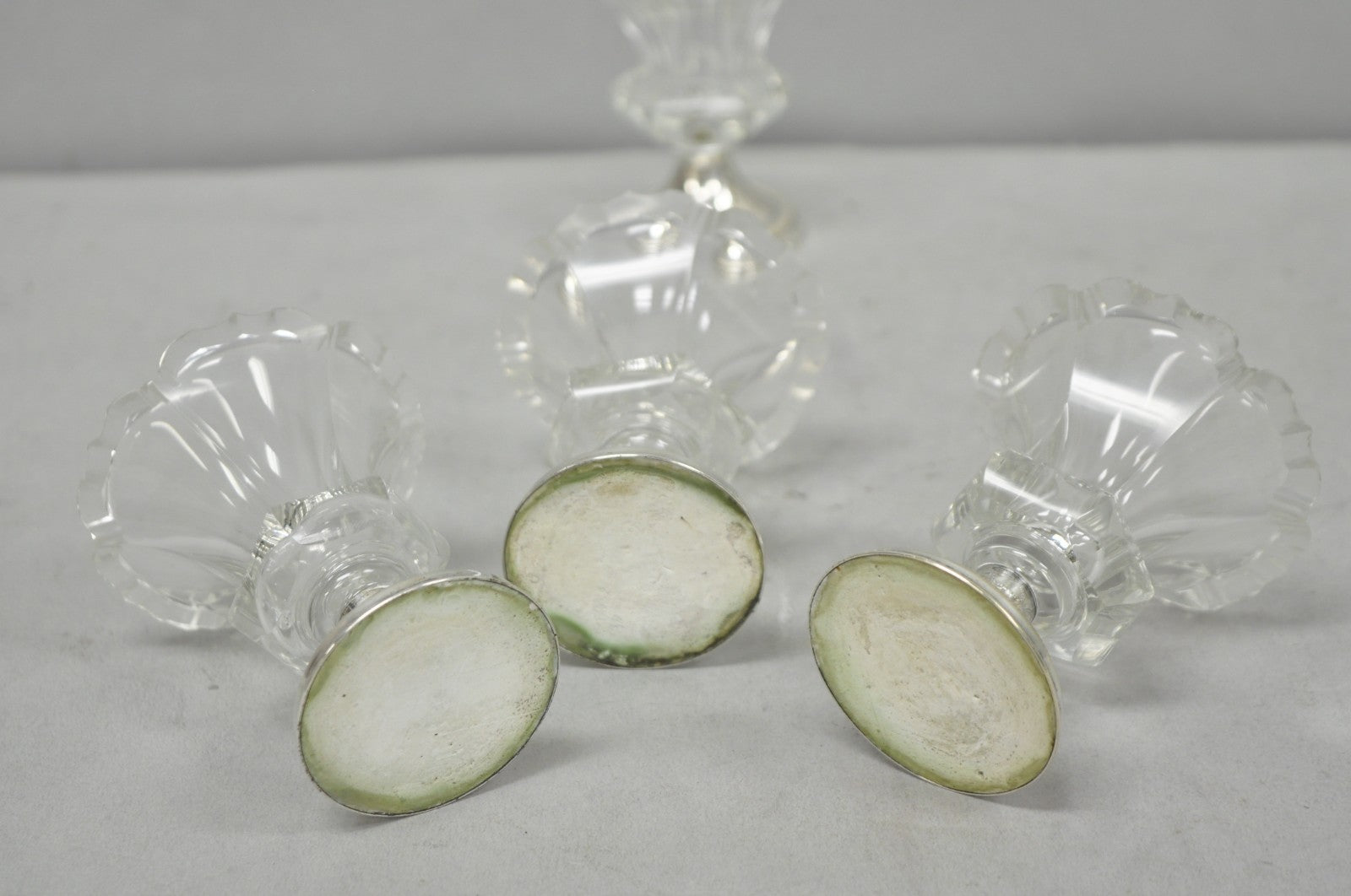 Antique English Victorian Crystal Glass & Silver Sweetmeat Candy Nut Dish, Set 6