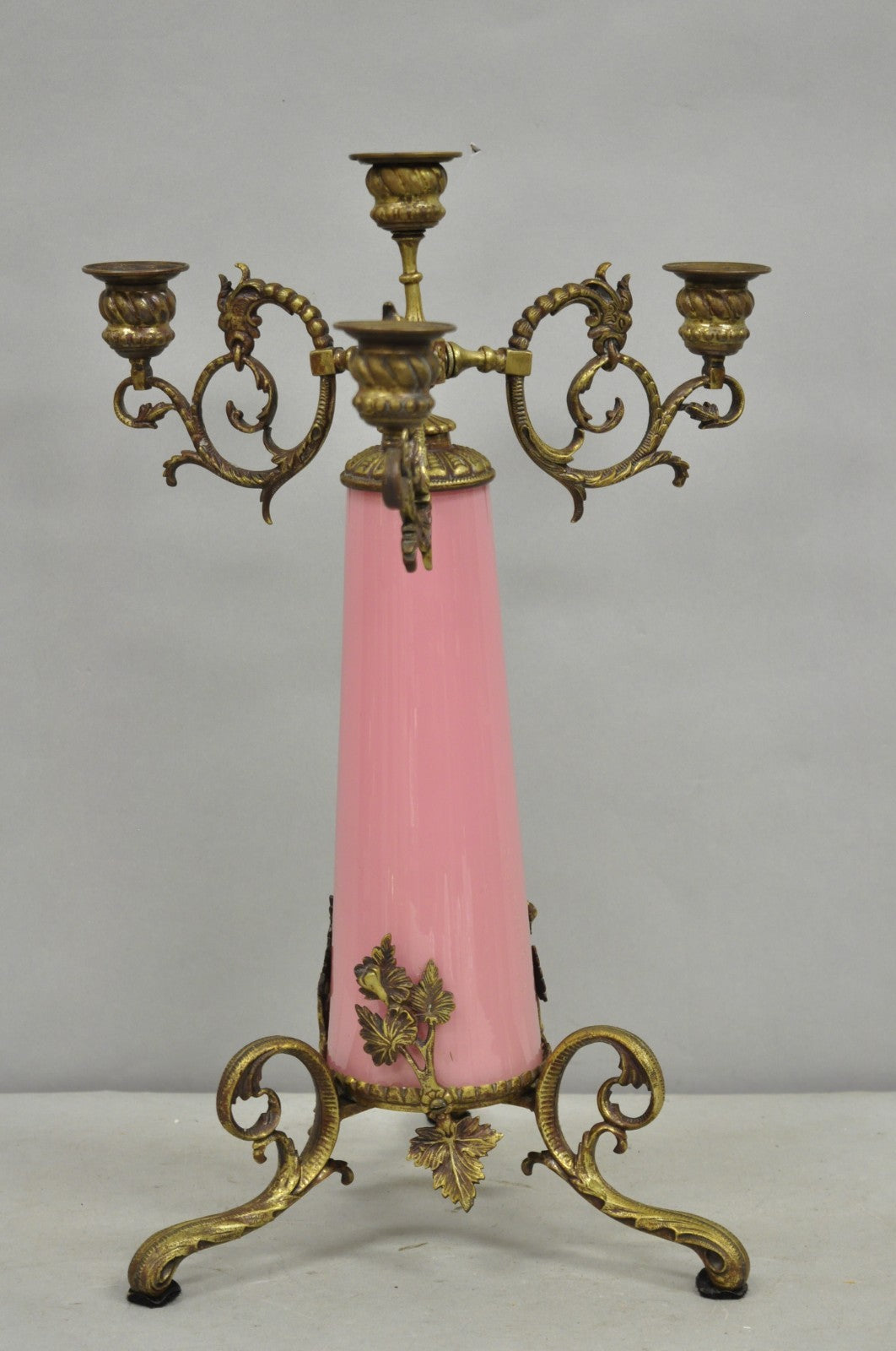 French Renaissance Art Nouveau Bronze 4 Candle Pink Glass Column Candelabra
