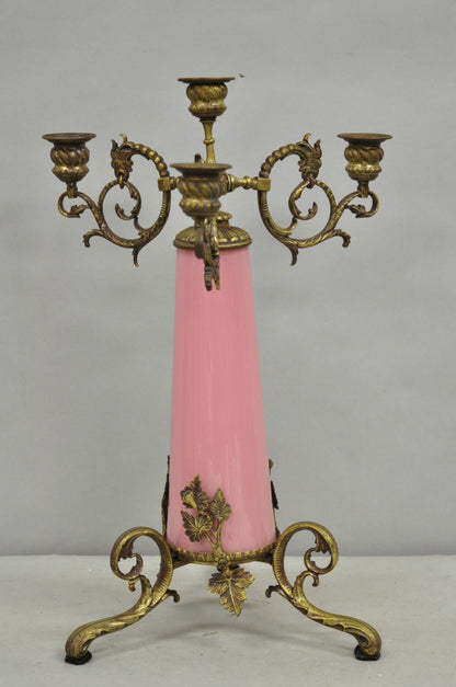 French Renaissance Art Nouveau Bronze 4 Candle Pink Glass Column Candelabra