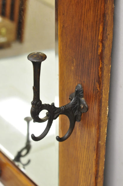 Antique Arts & Crafts Mission Oak Wood Beveled Glass Hall Mirror Iron Coat Hooks