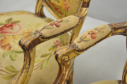 Antique French Louis XVI Style Aubusson Tapestry Fauteuil Arm Chairs - a Pair