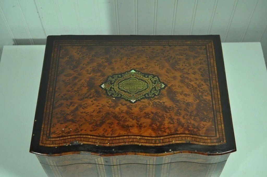 Antique French Brass Inlay Tantalus Box Cordial Decanter Set Liquor Cabinet