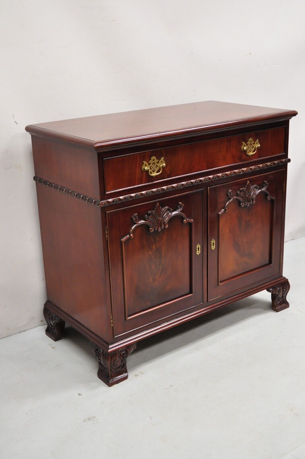 Georgian Chippendale Style Carved Mahogany One Drawer Server Cabinet Buffet