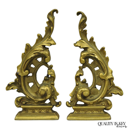 Vintage French Rococo Style Small Brass Bronze Acanthus Leaf Andirons - a Pair