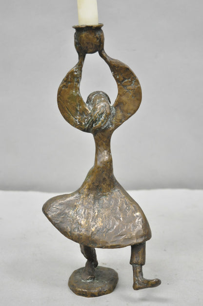 Vintage Brutalist Bronze Figural Dancing Rabbi Judaica Candlesticks - a Pair
