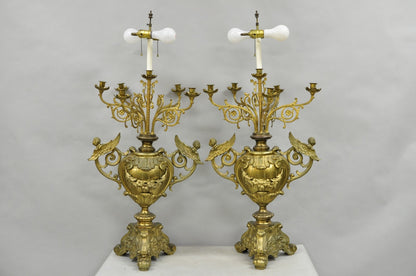 Large Antique French Rococo Louis XV Figural Cherub Bronze Candelabra Lamps Pair