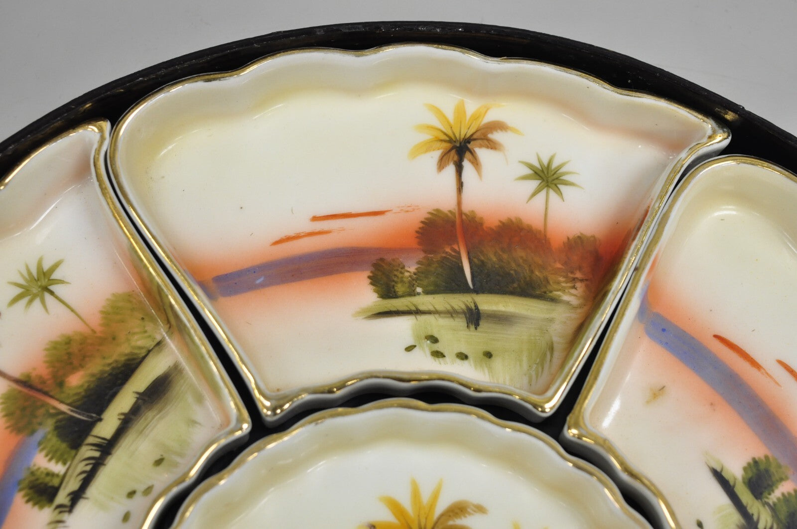 Vintage Japanese Porcelain Sweet Meat Serving Dish Set in Black Lacquer Box
