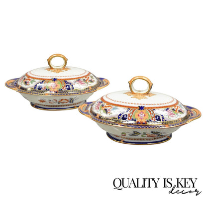 19th C English Ironstone Diamond Patent Covered Vegetable Soup Tureen - a Pair