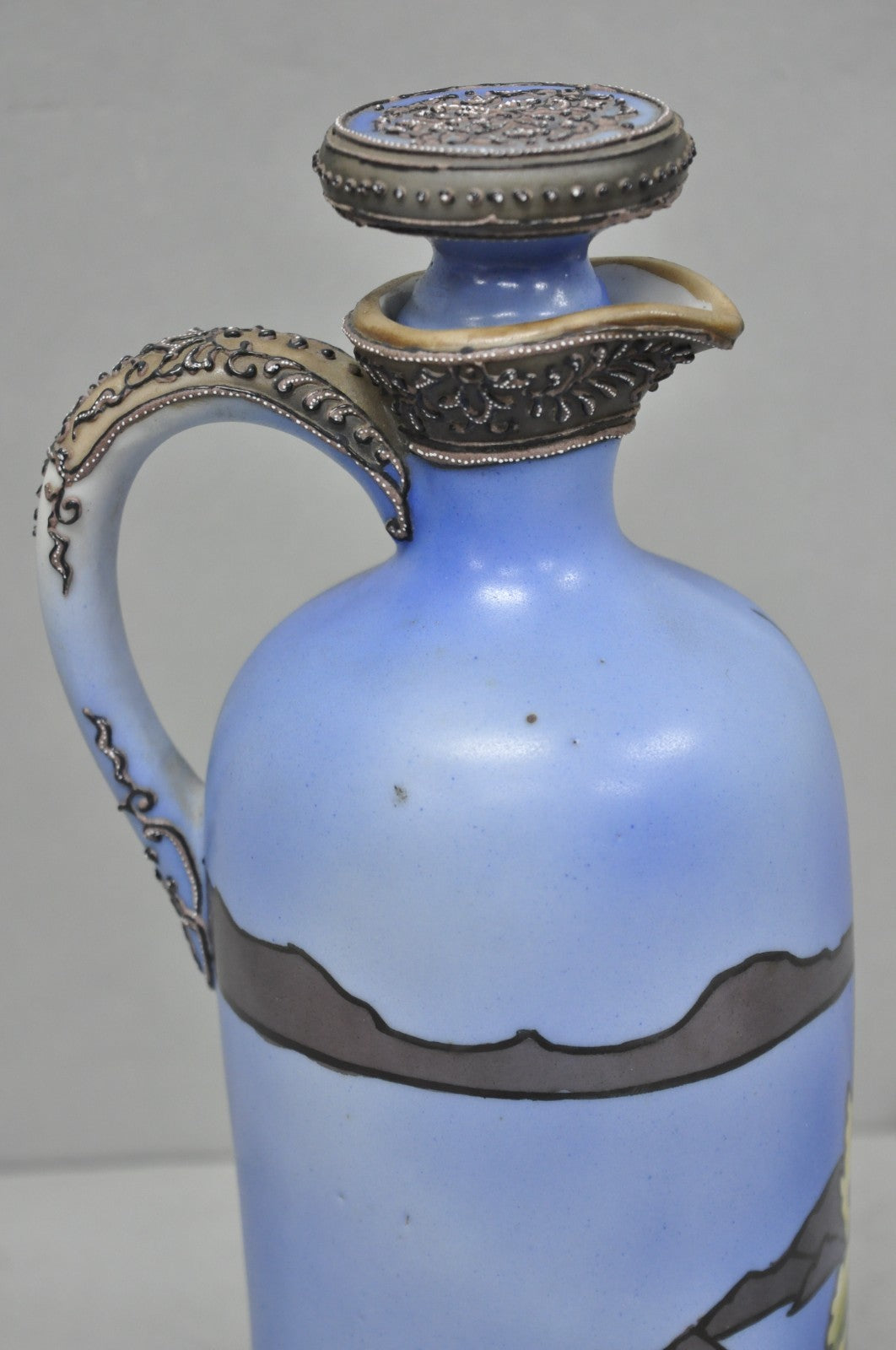 Antique Nippon Hand Painted Blue Halloween Pattern Porcelain Wine Jug w/ Cork