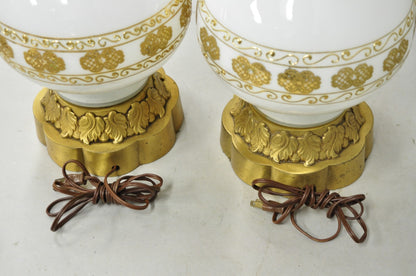 Vintage Hollywood Regency White Glass Gold Gilt Jardiniere Table Lamps - a Pair