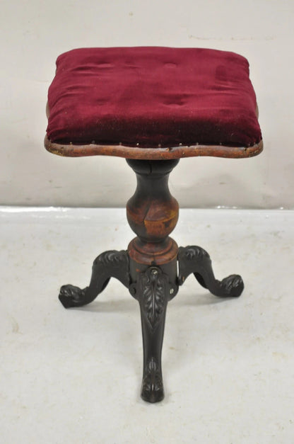 Antique American Victorian Cast Iron Wood Pedestal Adjustable Piano Bench Stool