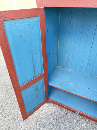 Country Farmhouse Red & Blue Forest Carved Wardrobe TV Entertainment Cabinet